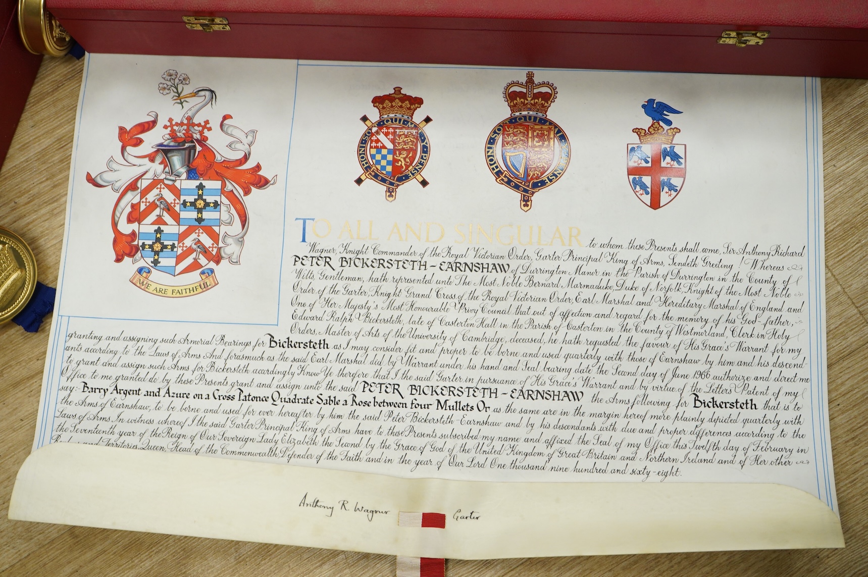 Two EIIR cased grant of arms to Peter Bickersteth and Peter Bickerstaff-Earnshaw together with a book on the pedigree of Bickersteth inscribed to Robert Alexander Bickersteth, 4 Rodney Street Liverpool